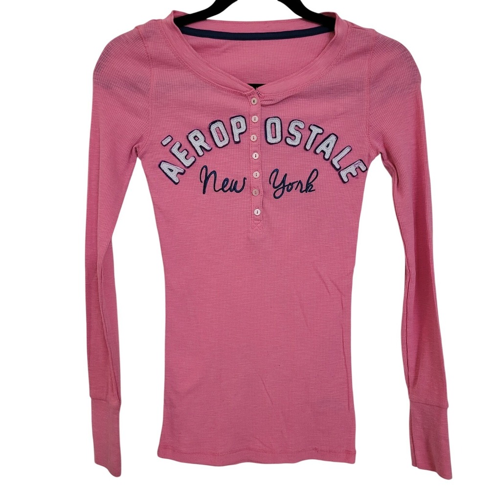 Aeropostale Logo Womens Pink Ribbed Henley Long Sleeve Graphic Top XS Y2K - Picture 2 of 6